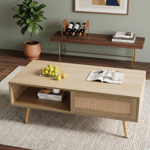 Modern Solid Wood Coffee Table & TV <b>Cabinet</b> Set Sliding Door <b>Storage</b> Adjustable Height Easy Assembly 41.34" + 55.12" Dimensions - Product Image 4