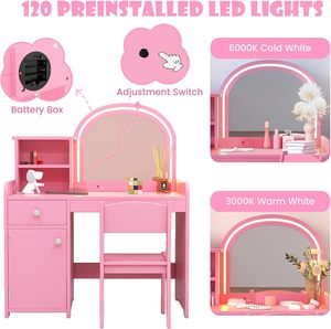 Kids Vanity with Lights, 2 in 1 Princess Makeup <strong>Desk</strong> &amp; Chair Set Cabinet Toddler Dressing Table Vanity Set for Little Girls - Product Image 3