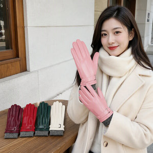 <b>Women</b> Thermal Full Finger Genuine <b>Leather</b> <b>Gloves</b> Rib Knit Cuff Wrist Buckle Lined Inner Multiple Colors Winter Daily Use - Product Image 1