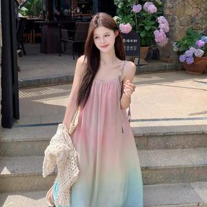 Korean Style Gradient Beach Sundress Square Neck Natural Waist Breathable Swim Cover Up Summer Vacation Dress - Product Image 2