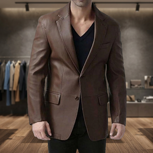 Chocolate Colored Canvas Calf Sheep <b>Leather</b> Mandarin Collar Zipper Closure Racer <b>Jacket</b> Waterproof Windproof Eco Friendly Front - Product Image 1