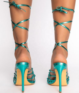 <b>Sexy</b> Pointy Toe Cross-tied Ankle Strap Sandals Stiletto Lady's <b>Heel's</b> Shoes Outdoor Dress Gold Green Women Shoes Big Size 43 - Product Image 6