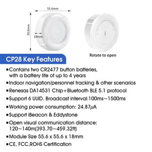 Baliza Bluetooth Programable <span class=keywords><strong>con</strong></span> 5 Años de Duración de Batería, Bluetooth 5.1, Dialog DA14531, iBeacon para Rastreo Interior de IoT - Product Image 2