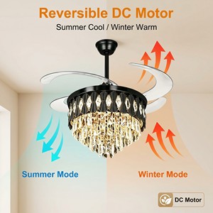 Ventilateur de plafond moderne en cristal avec lumière LED, moteur DC réversible, 4 pales, télécommande, montage encastré pour salon - Product Image 1