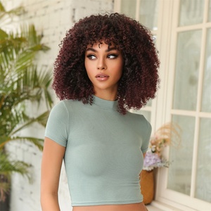Perruque synthétique en gros d'usine, MOQ 1, avec frange, <span class=keywords><strong>cheveux</strong></span> ondulés Jerry, vague italienne, rouge rosé, en <span class=keywords><strong>laine</strong></span> douce, sans colle - Product Image 5