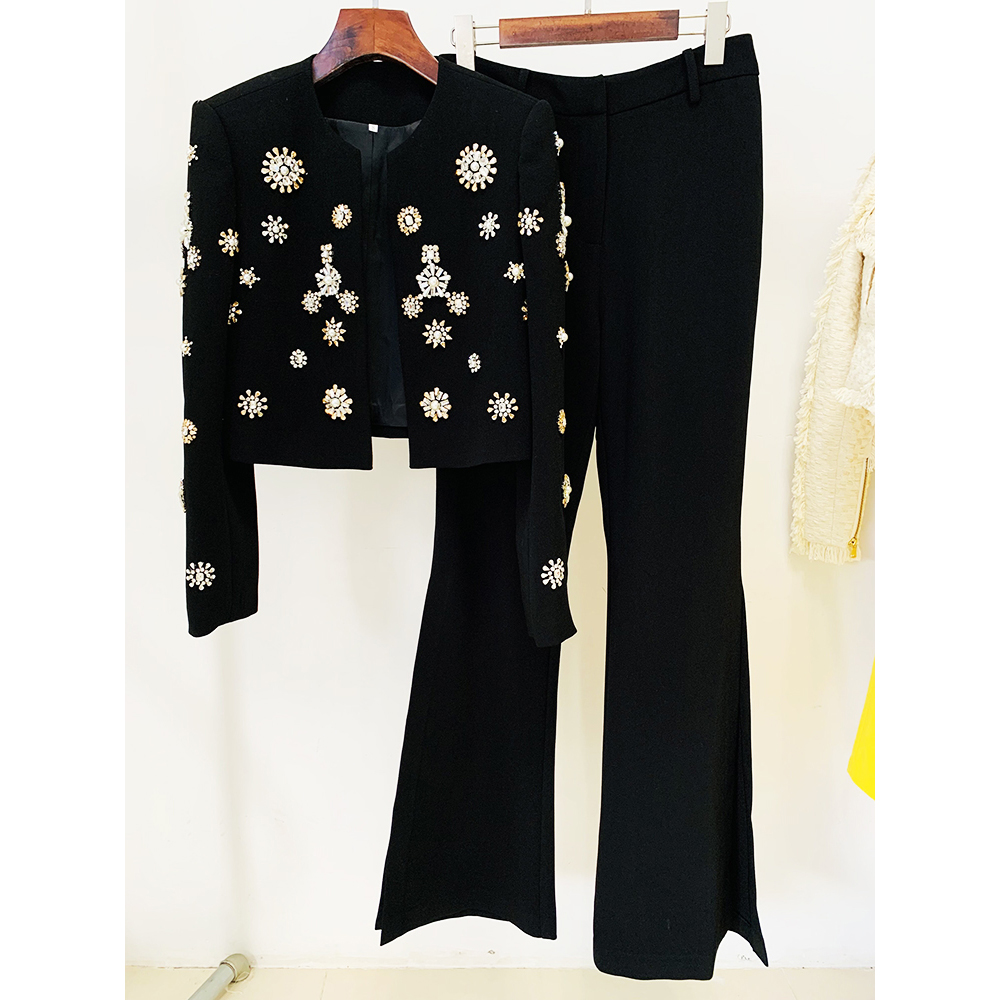 IN-STOCK la più nuova moda 2023 Designer Suit Set perle da donna diamanti strass con perline Trimed Jacket Flare Slit Pants Suit