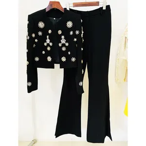 AUF LAGER Neueste Mode Designer Anzug Set Damen Perlen Diamanten Strass Perlen besetzte Jacke Flare Slit Pants Anzug