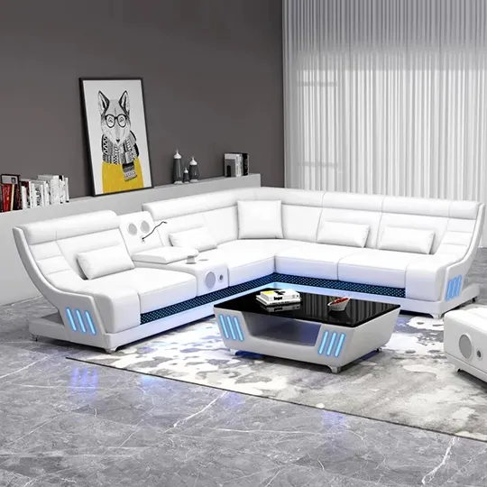 Venta caliente moderno LED cuero futurista sofá conjunto de cuero genuino sala de estar sofás seccionales