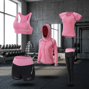 Ensemble de yoga rose 5 pièces pour femme : soutien-gorge de sport dos nageur, sweat à capuche, crop top, short taille haute, leggings – Séchage rapide, Spandex, Polyester - Product Image 3