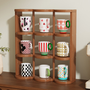 Nine Compartment <b>Desktop</b> Cup Holder Storage Rack 3 Tier Wood <b>Shelf</b> For Home Office Kitchen Organization - Product Image 1