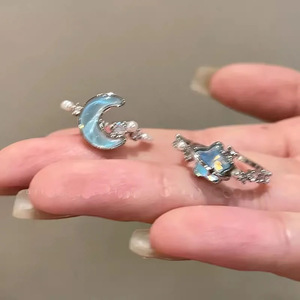 Glacier Blue Star <strong>Moon</strong> Natural <strong>Stone</strong> Opening Alloy <strong>Ring</strong> Women's Niche Design High-grade Couple's Finger Light Luxury Exquisite - Product Image 2