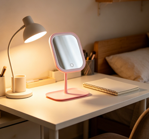 Pink LED Makeup <b>Mirror</b> <b>Desktop</b> Cosmetic Vanity Lighted Folding <b>Mirror</b> Touch Control USB Rechargeable for Travel - Product Image 3