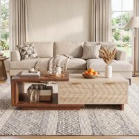 Table basse moderne de luxe en bois bicolore avec tiroirs à motif chevron et rangement pour le salon
