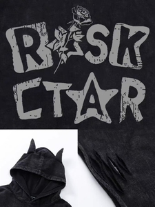 T-shirt con Cappuccio 230G, 100% Poliestere, Stile Vintage Lavato Streetwear Oversize con Corna del Diavolo e Grafica RISK <span class=keywords><strong>STAR</strong></span>, Per Tutte le Stagioni - Product Image 3