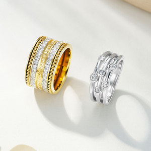 Fashion Luxury PVD Gold Plated Zircon <strong>Rings</strong> <strong>Stacks</strong> Double Pave Square CZ Geometric Stainless Steel Ultra Wide Band Men's Trendy - Product Image 2