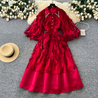 Robe chemise midi élégante à col perlé et appliques de feuilles 3D à manches longues pour femme printemps automne