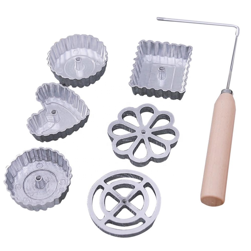 Juego de moldes Bunuelos de 7 Uds., molde para pasteles y aperitivos con mangos de madera, juego de hierro para timbal de roseta, moldes de gofres de aluminio con mango