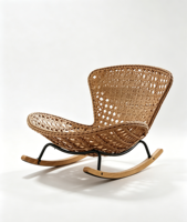 Fauteuil à bascule moderne en rotin, couleur crème, avec coussin en mousse à mémoire de forme épaisse, pieds en bois massif, style bohème, pour salon.