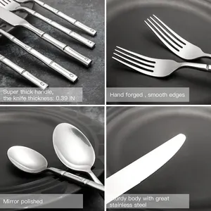 High Quality 5-piece Knife Fork Spoon Wedding Hotel Restaurant Tableware Cutlery Silver Bamboo Flatware Set