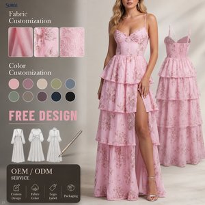 <span class=keywords><strong>Robe</strong></span> <span class=keywords><strong>de</strong></span> soirée longue personnalisée pour femme, rose à motifs floraux, en polyester et mousseline, col en V, bretelles fines, sans manches, à volants étagés et fente haute, idéale pour l'été - Product Image 1