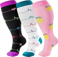 Chaussettes de compression grandes tailles 2XL-4XL, mi-hautes, pour mollets larges, motif ananas ECG, fournisseur OEM en gros, marque privée, 3 PAIRES
