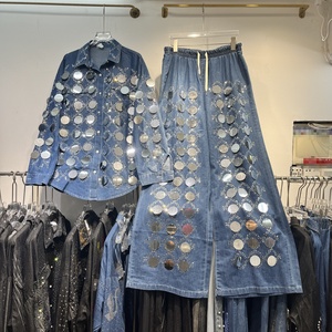 夏季女装高级感重亮片牛仔衬衫宽腿裤2件套Sehe时尚 - Product Image 1