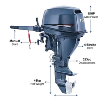 Moteur hors-bord Yamaha 15 CV 4 temps, moteur de bateau portable, système de propulsion marine à essence, démarrage rapide, commande par timon