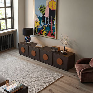 Mobile TV Full Moon in Legno Massello, Set Tavolino da Caffè, Nuovi Mobili di Alta Gamma Stile Mid-Century in Acciaio Inox Anticato per Soggiorno con 2 Cassetti - Product Image 3