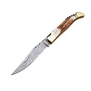 Cuchillo Plegable de Acero de Damasco de Grado Industrial Hecho a Mano con Mango de Cuerno de Ciervo y Funda de Cuero para Acampar al Aire Libre - Product Image 1