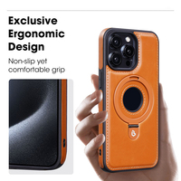 Étui de protection en cuir de style professionnel pour iPhone 15 Pro Max avec support de charge sans fil et anneau de maintien mains libres