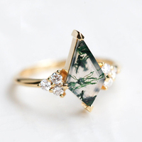 Anillos de Plata S925 con Baño de Rodio, Diseño Vintage con Ágata Verde Musgo Corte Cometa, para Novia, Boda, Aniversario, San Valentín, Regalo