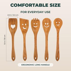 Ensemble de 5 ustensiles de cuisine en bois OEM avec visages souriants amusants, cuillères et spatules multifonctionnelles de qualité alimentaire pour servir et cuisiner, idéal pour un cadeau - Product Image 2