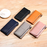 Dompet panjang kulit sapi asli tahan lama wanita, dompet panjang mode Retro kulit sapi kapasitas besar klip uang ritsleting gelang anti-maling
