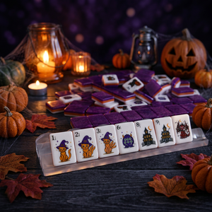 Ensemble de jeu de Mahjong américain d'Halloween personnalisé en gros, 160 pièces, tuiles en acrylique à <span class=keywords><strong>3</strong></span> couches avec tapis de Mahjong, Sorcière Joker, cadeau OEM - Product Image 1