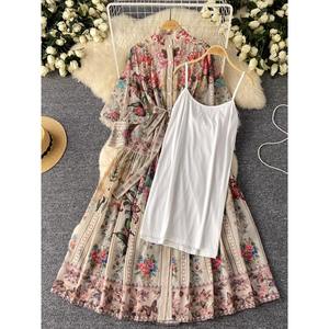 Abiti europei americani stile <span class=keywords><strong>palazzo</strong></span> stile retrò abito stampato da donna maniche a lanterna vita stringe Vestidos Vintage - Product Image 3