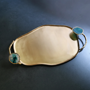Plateau de service en métal agate bleue au design rustique de luxe poignées dorées échantillon de décoration de table de stockage de vaisselle de maison écologique - Product Image 1