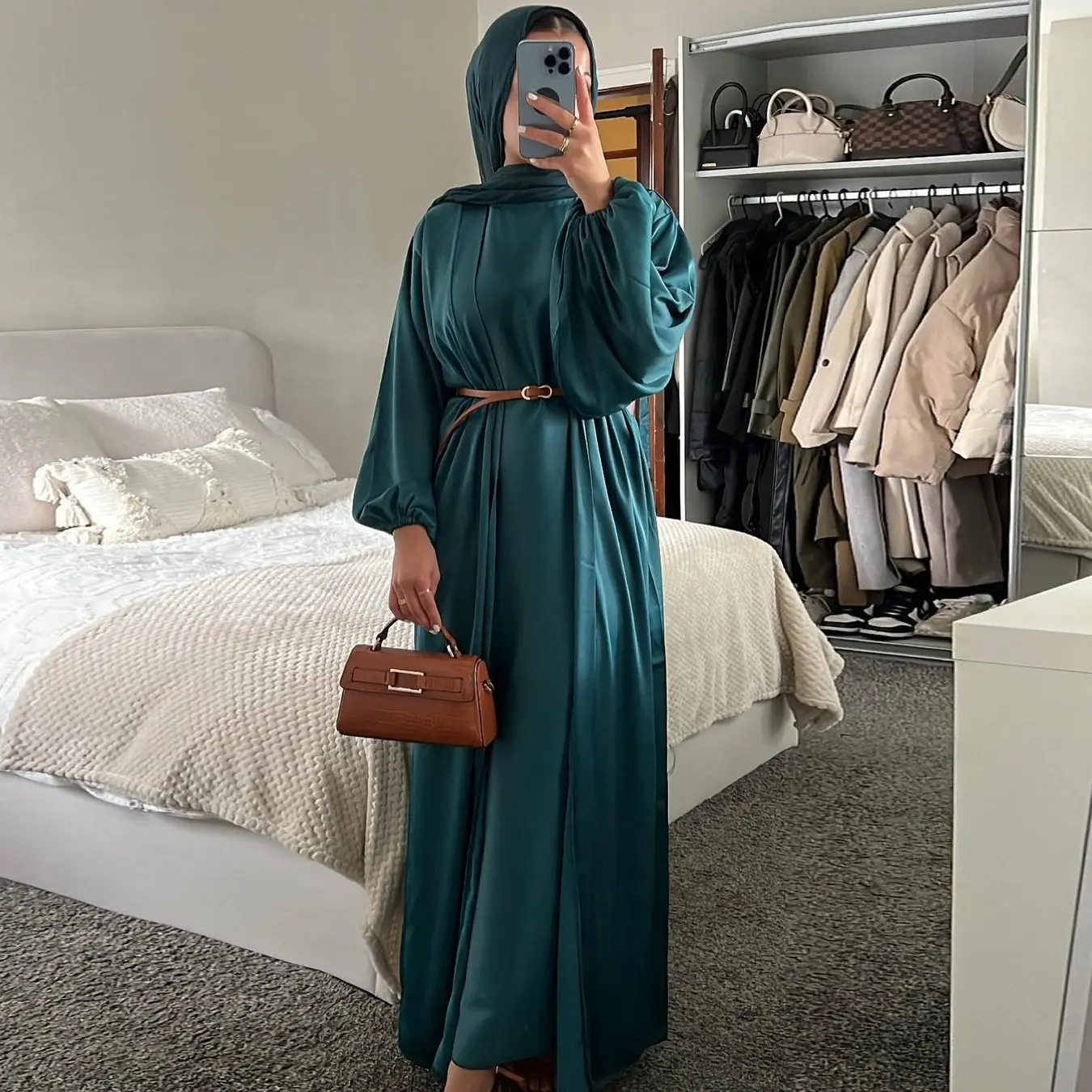 Abaya Turkey set Muslim terbuka 2 potong gaun Hijab Abayas Satin Lebaran untuk wanita gaun Dalaman Dubai