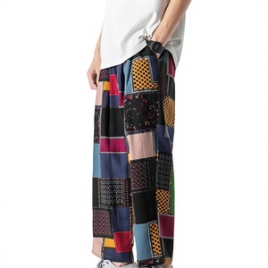 Pantalon droit décontracté pour homme en coton léger, patchwork coloré, coupe ample, taille mi-haute avec cordon de serrage, style streetwear vintage - Product Image 4