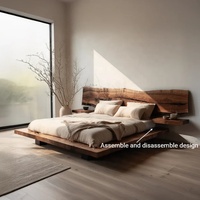 Cadres de lit King Size rustiques de style Japandi, lit plateforme en bois massif japonais, lit double, couleur bois naturel, moderne, personnalisable, hôtel