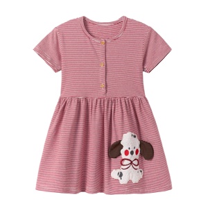 Vestito Estivo per Bambine con Applicazione di Cucciolo, Lavorato a Maglia, a Righe Rosse e Bianche, Lunghezza al Ginocchio, 2-7 Anni, Supporto per Ordini all'Ingrosso OEM/ODM - Product Image 2