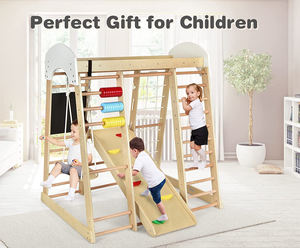 LM KIDS Montessori Cadre d'escalade en bois pour enfants Picklers Mur d'escalade avec anneaux de <span class=keywords><strong>gymnastique</strong></span> Toboggan Set Aire de jeux intérieure - Product Image 3