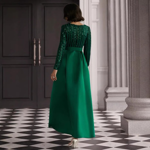 Vestido de noche largo verde con lentejuelas y cuello en V, con cinturón, de color sólido, para fiesta o banquete. - Product Image 2