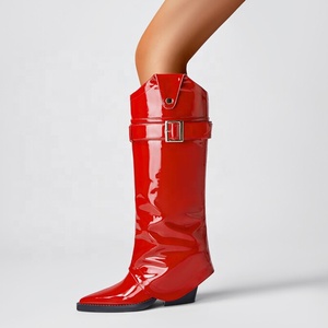 Cow Boy Western Styles Women Red Patent <b>Knee</b> <b>High</b> Boots 7.5cm Chunky Heels Overlay Booties Buckles Pants Shoes - Product Image 1