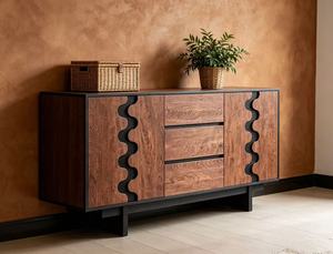 Premium Wavy Inlay Wooden Sideboard 2-Door 3-<b>Drawer</b> Large <b>Storage</b> Mid Century Modern Credenza <b>For</b> Living Room Dining Room - Product Image 1