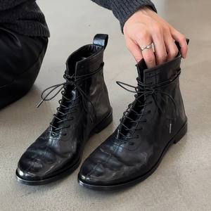 Bottes de motard en cuir véritable pour femme, style britannique rétro, coupe ajustée, chic et audacieux, à lacets, bout rond, version en cuir de vachette - Product Image 5