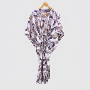 Robe kimono imprimée pour femmes, col en V, manches mi-longues, tunique longue avec cordon de serrage, couverture de plage - Product Image 1