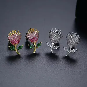 Red Rose Earrings Copper Set Zircon Stone Earrings Korean Edition Fashionable Sweet Colorful Flower Style Earrings Female