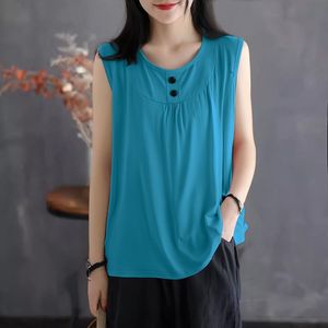 Women's Solid Color Round Neck Sleeveless <b>Vest</b> <b>Top</b> Pink Acrylic Fiber Breathable Loose Fit Summer Style With Button Design - Product Image 3