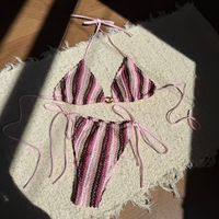 Maillot de bain 2 pièces rayé coupe haute pour femmes 2025 ODM OEM Logo personnalisé Triangle licou et strings Spandex/Nylon maillots de bain