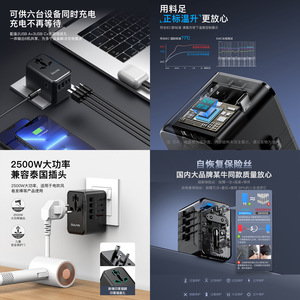 OULiYO All In One Travel <b>Adapter</b> 2500W 3 <b>Type</b>-<b>C</b> PD Universal Charging Plug With USB Ports For Global Use - Product Image 1